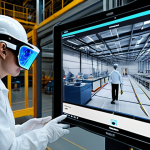 **Prompt:** A dynamic, modern industrial environment where advanced technology is actively integrated into safety and health at work (SST). Show a diverse safety professional confidently interacting with a translucent, futuristic interface displaying real-time risk data and predictive analytics. In the background, a drone conducts an aerial inspection of a factory floor, and another worker utilizes augmented reality (AR) glasses to view safety protocols directly in their field of vision. The scene should convey innovation, efficiency, and proactive risk prevention, with a clean, high-tech aesthetic and a sense of progress.