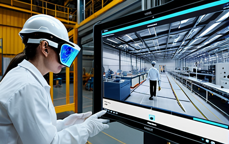 **Prompt:** A dynamic, modern industrial environment where advanced technology is actively integrated into safety and health at work (SST). Show a diverse safety professional confidently interacting with a translucent, futuristic interface displaying real-time risk data and predictive analytics. In the background, a drone conducts an aerial inspection of a factory floor, and another worker utilizes augmented reality (AR) glasses to view safety protocols directly in their field of vision. The scene should convey innovation, efficiency, and proactive risk prevention, with a clean, high-tech aesthetic and a sense of progress.