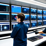 A diverse team of skilled engineers and data analysts, fully clothed in professional, modest work attire and appropriate safety vests, collaborating in a clean, high-tech industrial control room. They are standing near large, transparent data screens displaying real-time predictive safety analytics and machine performance metrics. In the background, modern collaborative robots (cobots) are seen operating safely alongside human workers on an assembly line. The scene emphasizes seamless human-technology interaction for proactive risk prevention. Professional photography, high-resolution, well-lit, sharp focus, natural pose, perfect anatomy, correct proportions, well-formed hands, proper finger count, natural body proportions, safe for work, appropriate content, fully clothed, professional.