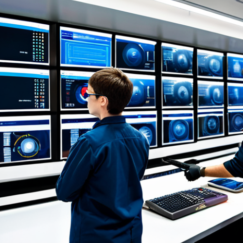 A diverse team of skilled engineers and data analysts, fully clothed in professional, modest work attire and appropriate safety vests, collaborating in a clean, high-tech industrial control room. They are standing near large, transparent data screens displaying real-time predictive safety analytics and machine performance metrics. In the background, modern collaborative robots (cobots) are seen operating safely alongside human workers on an assembly line. The scene emphasizes seamless human-technology interaction for proactive risk prevention. Professional photography, high-resolution, well-lit, sharp focus, natural pose, perfect anatomy, correct proportions, well-formed hands, proper finger count, natural body proportions, safe for work, appropriate content, fully clothed, professional.