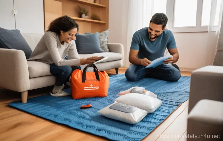 재해 발생 시 대응 매뉴얼 작성법 - Image Prompt 1: Family Assembling an Emergency Kit**