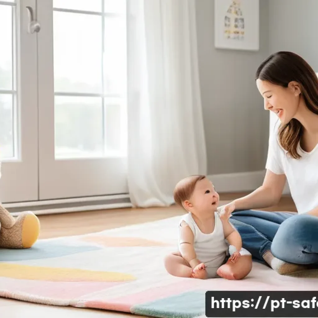 스마트 안전 장비 소개 - **A bright and airy nursery. A baby, wearing a simple white diaper, is lying on a soft, patterned pl...