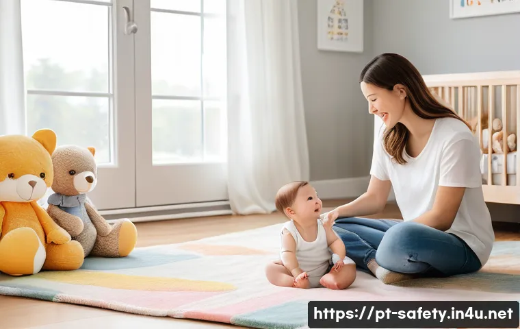 스마트 안전 장비 소개 - **A bright and airy nursery. A baby, wearing a simple white diaper, is lying on a soft, patterned pl...