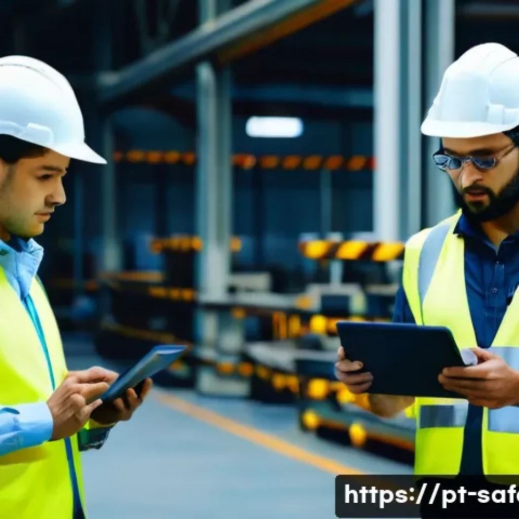 현장 안전점검 리포트 작성 사례 - A professional workplace safety inspection scene in a modern Brazilian industrial factory, showing a...