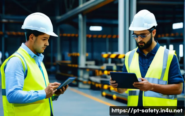 현장 안전점검 리포트 작성 사례 - A professional workplace safety inspection scene in a modern Brazilian industrial factory, showing a...