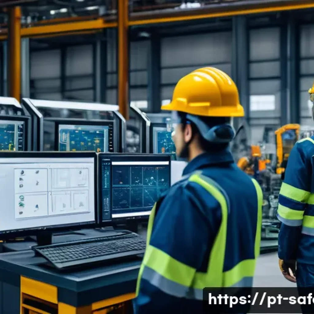 산업별 안전관리 트렌드 변화 - A modern industrial factory interior featuring workers wearing safety gear and smart clothing with v...