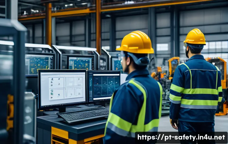 산업별 안전관리 트렌드 변화 - A modern industrial factory interior featuring workers wearing safety gear and smart clothing with v...