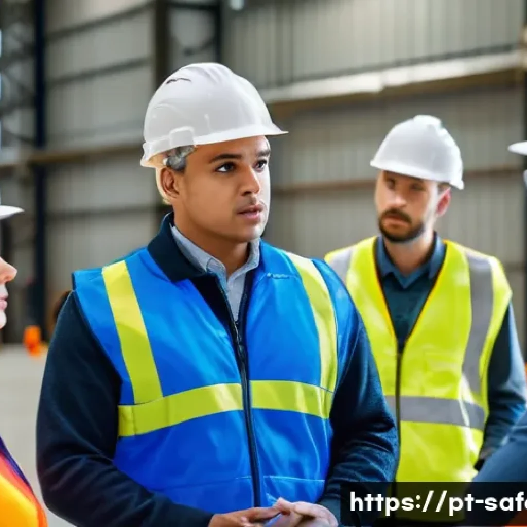 안전관리자의 의사소통 스킬 향상법 - A professional security team in a modern industrial facility, engaged in a safety briefing. The scen...