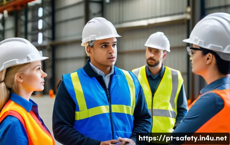 안전관리자의 의사소통 스킬 향상법 - A professional security team in a modern industrial facility, engaged in a safety briefing. The scen...