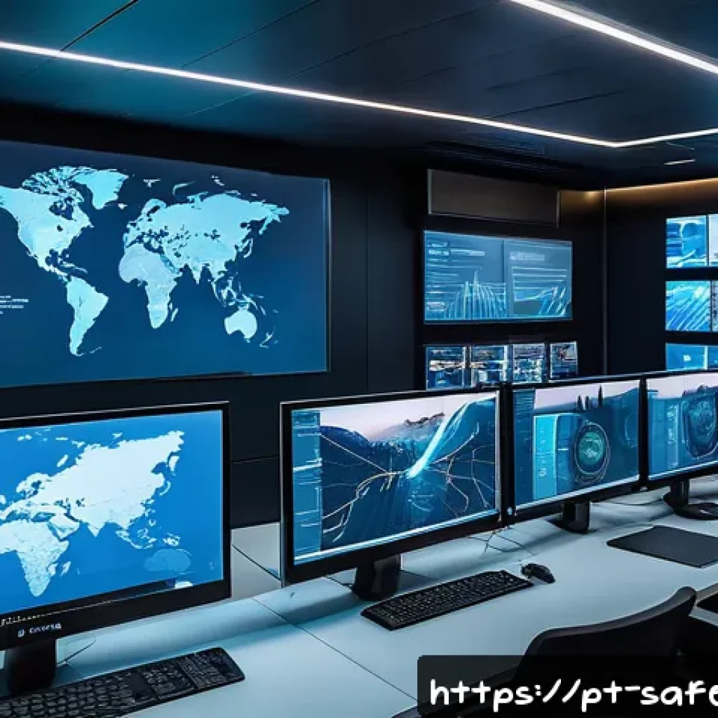 안전관리자가 알아야 할 최신 기술 - A modern corporate security control room filled with large digital dashboards displaying real-time d...