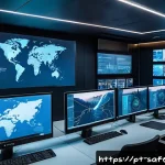 Home 22 안전관리자가 알아야 할 최신 기술 - A modern corporate security control room filled with large digital dashboards displaying real-time d...