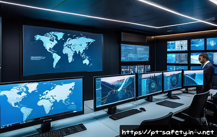 안전관리자가 알아야 할 최신 기술 - A modern corporate security control room filled with large digital dashboards displaying real-time d...
