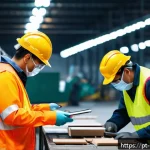 Home 21 안전관리 실무에서의 체크리스트 활용 - A detailed industrial factory scene showing workers wearing complete personal protective equipment (...