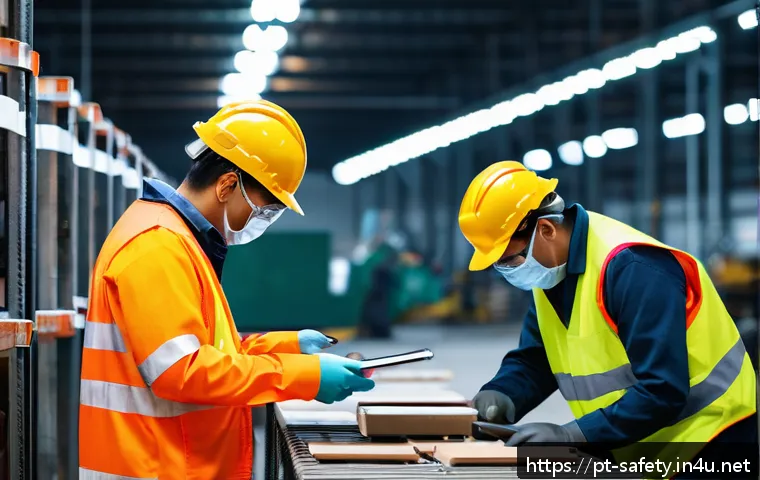 안전관리 실무에서의 체크리스트 활용 - A detailed industrial factory scene showing workers wearing complete personal protective equipment (...