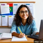 Home 20 안전관리 자격증 합격 수기 - A focused Brazilian adult student studying at a tidy home desk, surrounded by organized textbooks an...