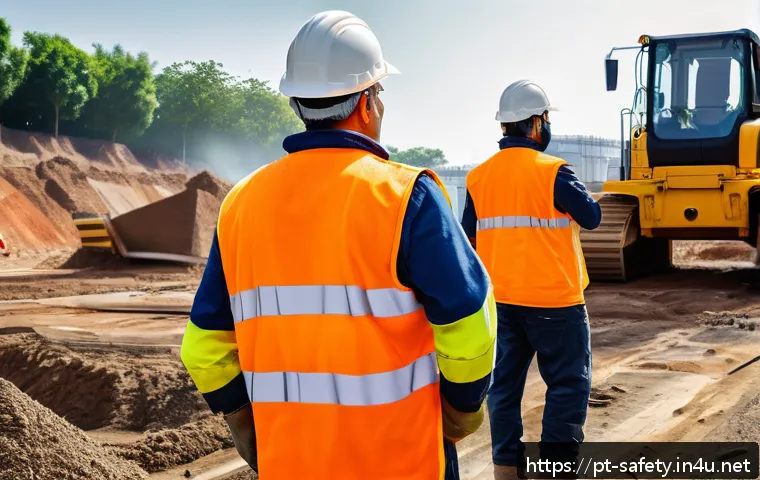 현장 근로자를 위한 안전 체크리스트 - A detailed industrial construction site scene showing diverse workers wearing appropriate personal p...