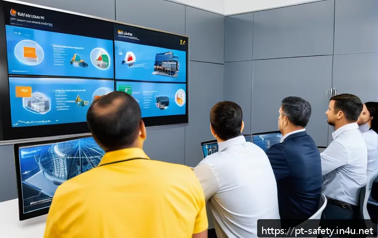현장 안전교육 프레젠테이션 구성법 - A diverse workplace team attentively watching a dynamic safety training presentation featuring a viv...