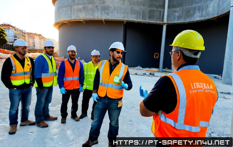 현장 근로자를 위한 안전교육 자료 - Photorealistic construction-site safety briefing in Portugal, diverse adult workers wearing clean hi...